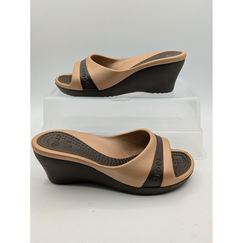 Crocs Sandals Womens Size 5 Beige Wedge Slide Comfort Platform Shoes Casual